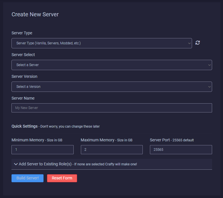 image title Crafty controller create a server